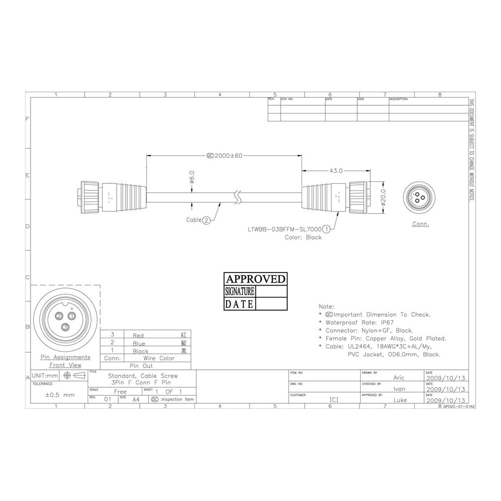 Waterproof 3-Pin Power Double-Ended Cable Set